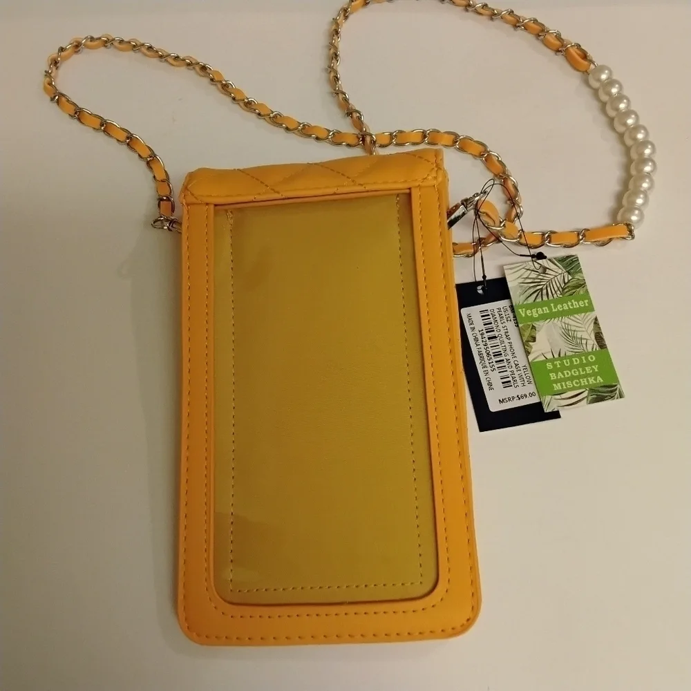 Badgley Mischka Limited Edition Yellow Vegan Quilted Studded Pearls Phon…